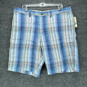 Tommy Bahama Shorts 36 Blue Plaid 10" Linen Blend Coastal Casual Preppy